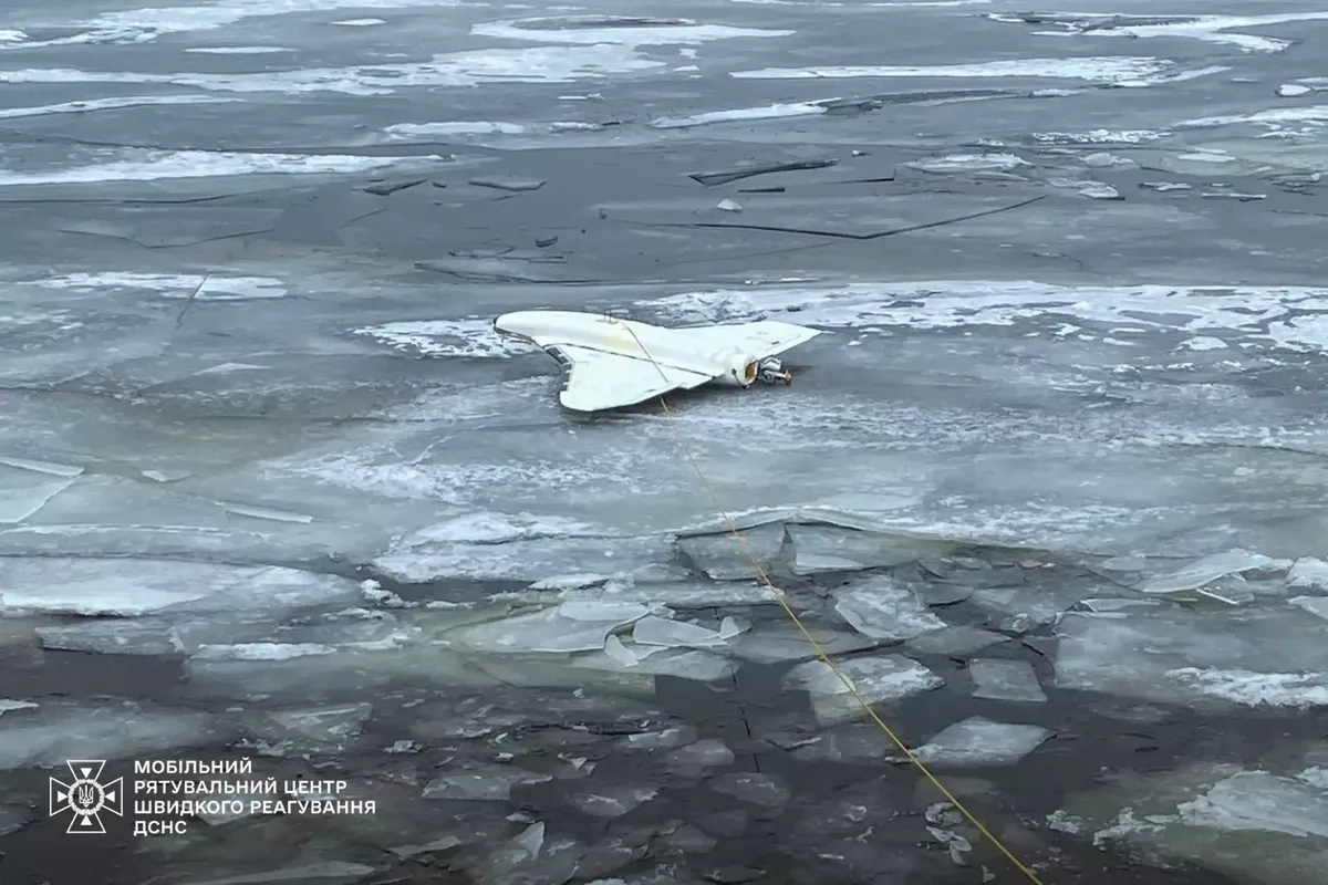 Білий дрон «Гербера» лежить на потрісканому льоду водойми