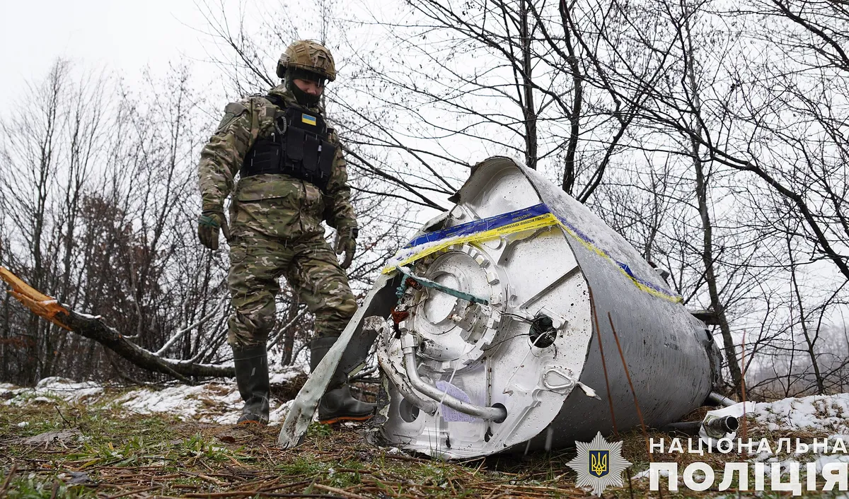 A police officer next to a large piece of a downed missile's body among trees